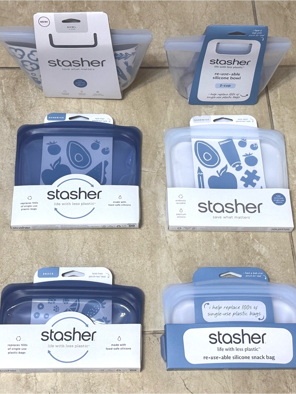 Stasher™ 4 Cup Bowl, 2 Cup Bowl, 2 Sandwich & 2 Snacks